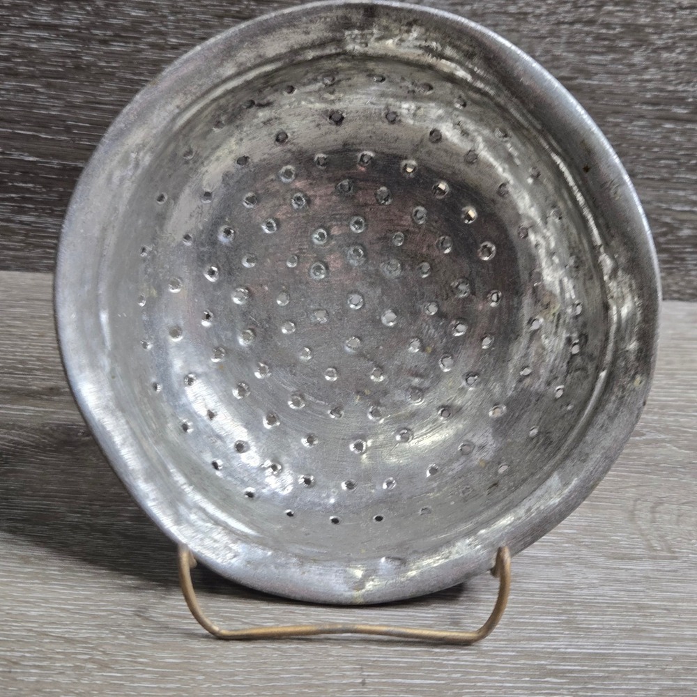 Vintage Primitive Hand Punched Metal Strainer Colander Bowl Silver Rustic Decor